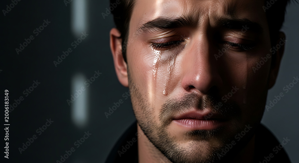Fototapeta premium A man crying with a tear on his cheek.
