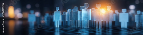 A futuristic composition shows many abstract blue digital human data figures gathered under warm orange spotlight illumination.