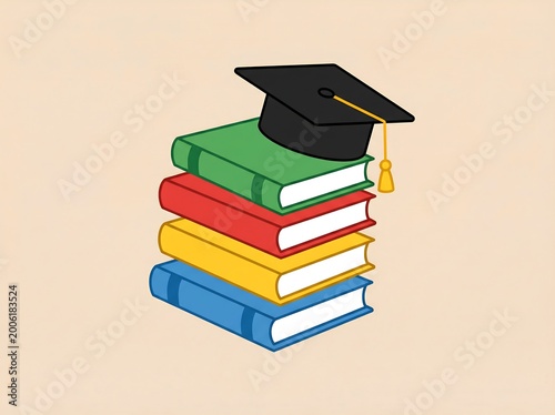 Graduation Cap on Stack of Colorful Books