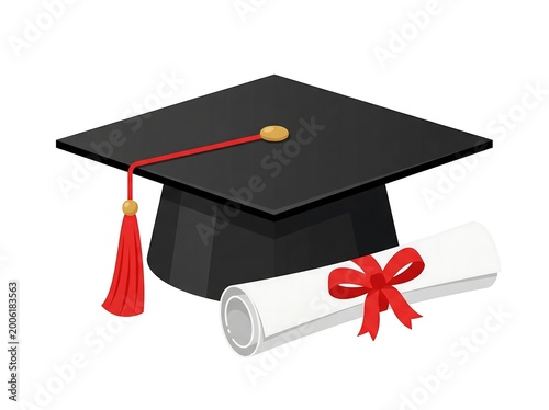 Graduation Cap and Diploma with Red Ribbon