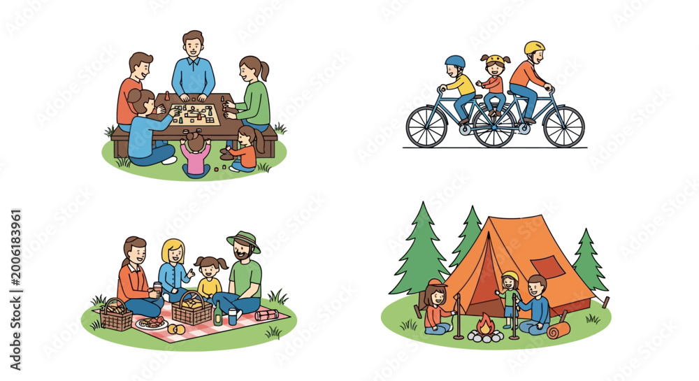 Obraz premium People on bicycles and camping outdoors.