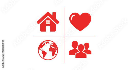 Foto Red icons of house heart people globe.