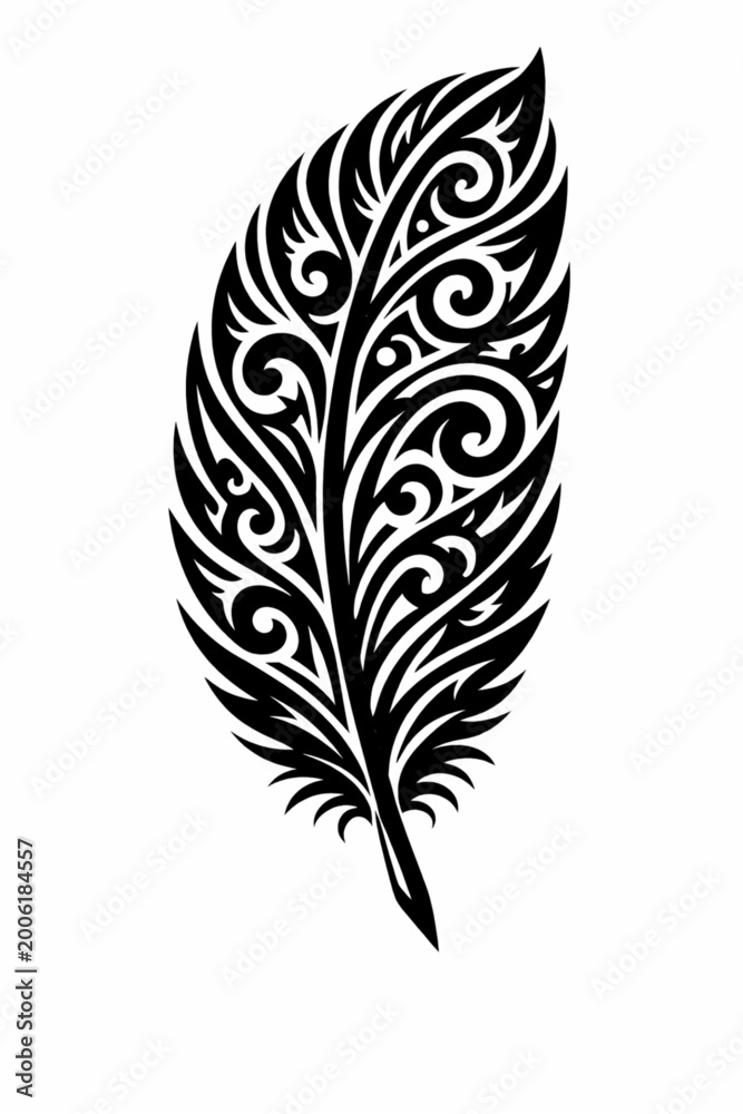 Obraz premium Stylized black and white tribal feather with intricate swirling patterns.