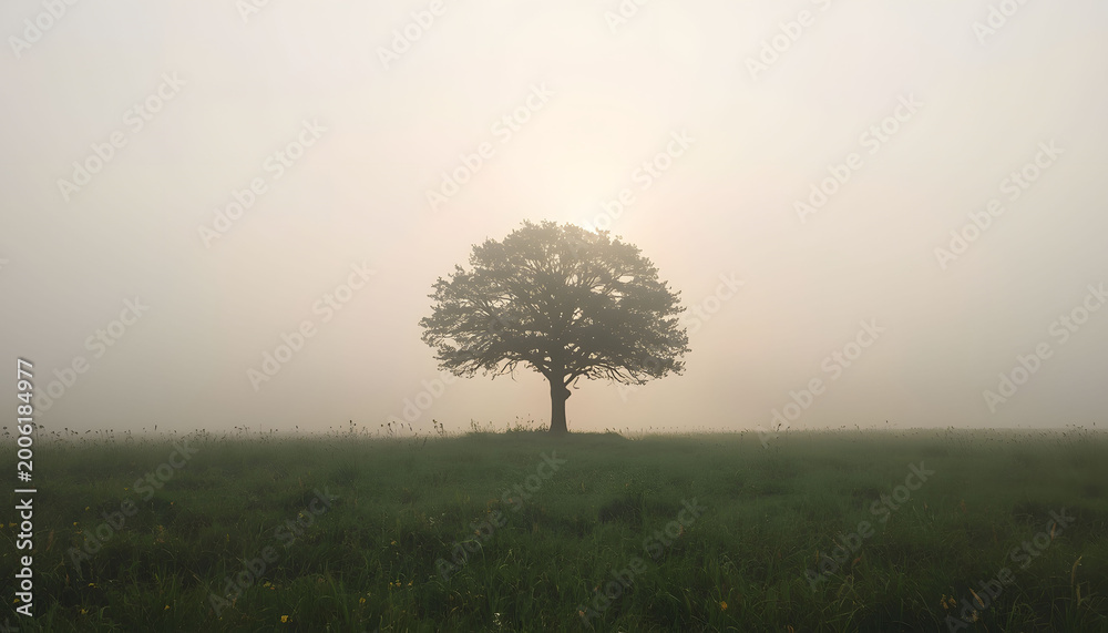 Fototapeta premium Solitary tree in morning fog with tree trunk tree crown solitary landscape