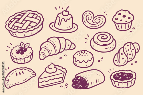 Schilderij op canvas Pastry dessert set doodle sketch pattern vector