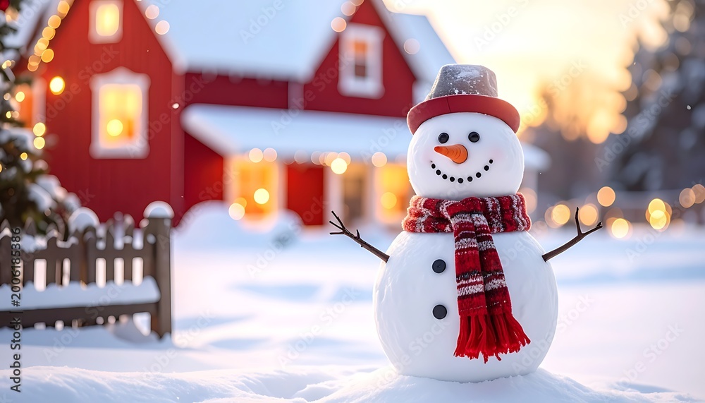 Obraz premium A snowman in a snowy scene with a red house