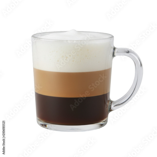 Layered latte macchiato in a clear glass mug isolated on a transparent background
