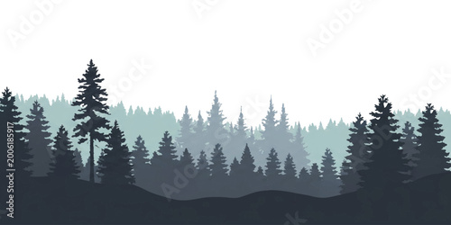 Cuadro en lienzo Black and grey pine forest silhouette with layered evergreen trees in a misty na