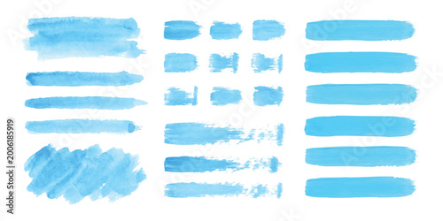 Photos Set of blue watercolor paint brush strokes and texture swatches for artistic des
