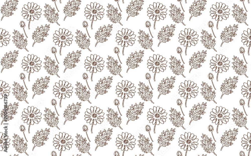 Fototapeta premium Hand drawn camomile flower seamless pattern in brown tan for fabric wrapping paper and wallpaper