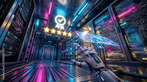 Futuristic Robotic Hand Interacting with Holographic Rating Interface in Neon Server Room