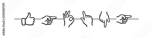 Billede på lærred Vector icons of various hand gestures in a clean, hand-drawn outline style, including a thumbs up, OK sign, and pointing fingers in different directions