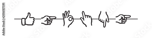 Naklejka Vector icons of various hand gestures in a clean, hand-drawn outline style, including a thumbs up, OK sign, and pointing fingers in different directions.