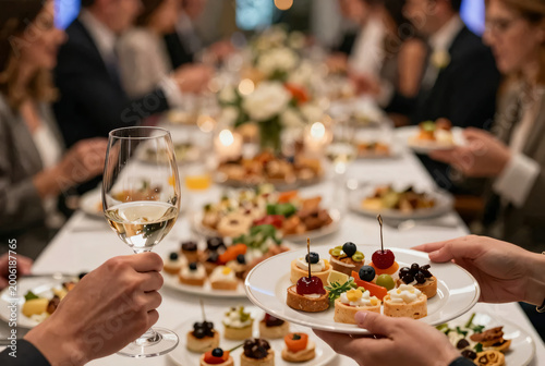 Elegant gathering featuring exquisite bites and fine wine at a vibrant social event in an upscale setting