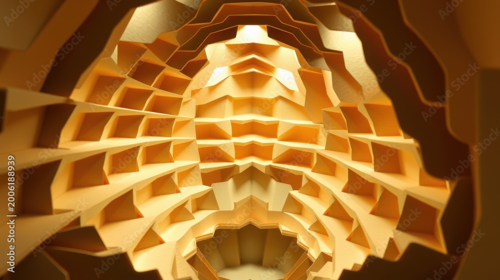 Obraz premium Golden abstract structure. Geometric layers create tunnel illusion. Warm lighting highlights complex design, offering depth.