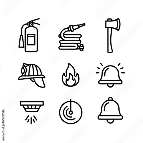 Fire safety icons set extinguisher hose axe helmet flame bell detector