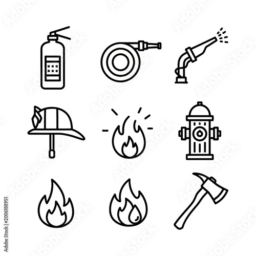 Fire safety icons set extinguisher hose helmet flames and axe isolated
