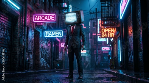 Surreal Businessman with Television Head Standing in Neon Cyberpunk Alley