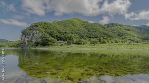 안동 고산정 여름 HDR 타임랩스, 강에 비친 기암절벽과 한국 전통 정자 풍경