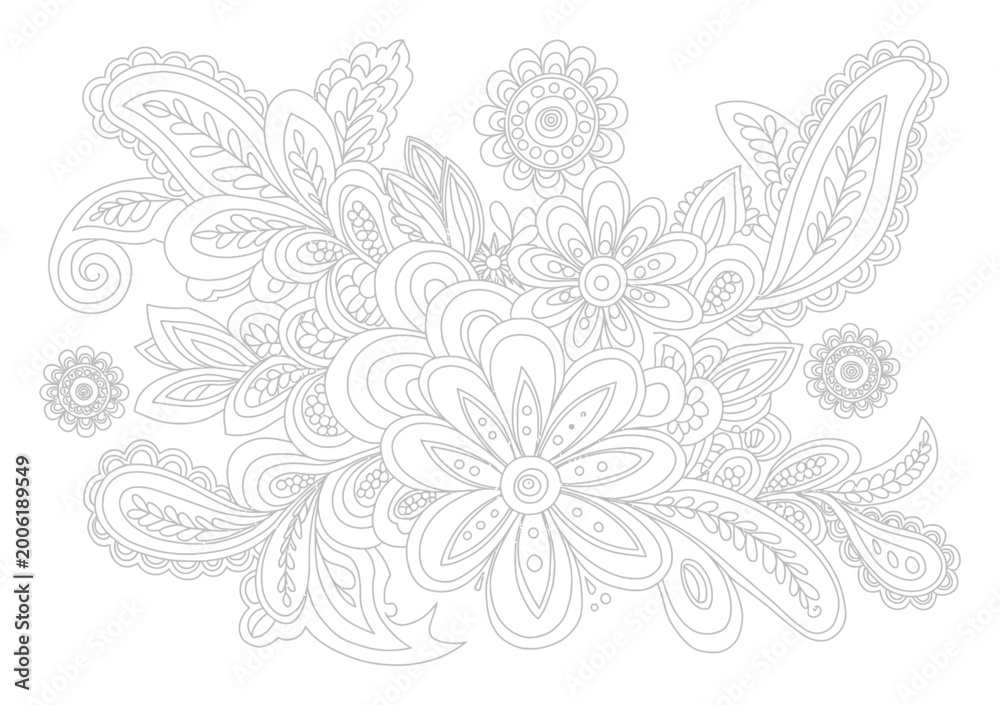 Fototapeta premium Intricate floral and paisley pattern coloring page, line