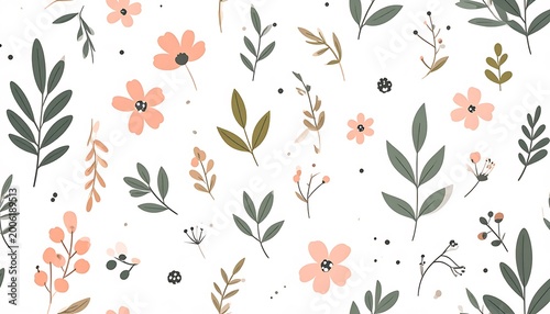 A floral pattern with peach flowers and green leaves on white