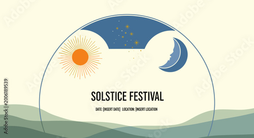 Tableau sur toile A graphic illustration for a Solstice Festival featuring a sun, moon, and stars within a semicircular frame, set against a neutral background with abstract landscape elements
