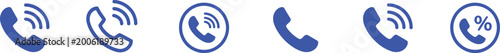 Collection of blue telephone call featuring sound waves and a percentage symbol on white