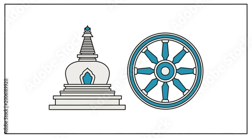Tableau sur toile Buddhist stupa and dharma wheel symbol.