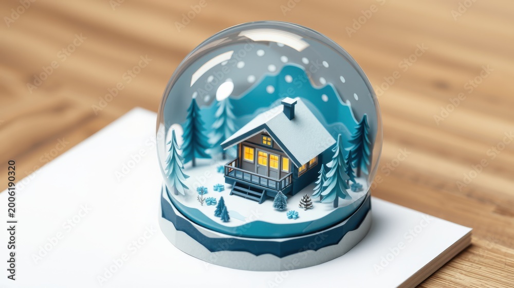 Fototapeta premium Snow globe displays cozy cabin scene. Winter landscape, illuminated windows, peaceful setting. Paper base supports glass sphere.