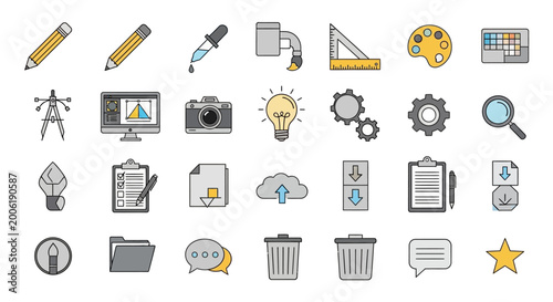 Foto Collection of graphic design and office workflow line icons.