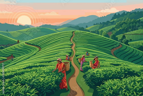 Konstfotografi Vector Illustration art  of Lush Green Tea Garden in Sylhet Bangladesh