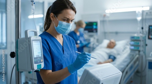 Nurse Diligently Operating Modern Patient Monitor in a Hospital Room