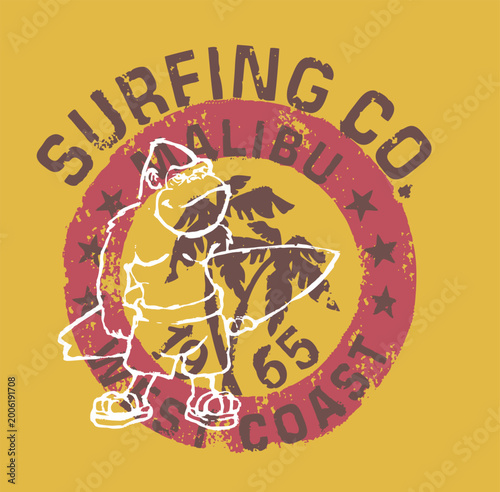 Retro Malibu Surf Company Badge with Wave and Surfboard — 1960s Style