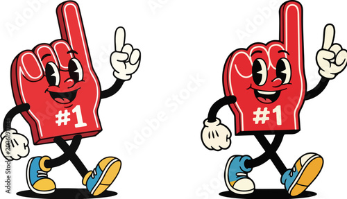 Vintage red foam finger mascot character, retro rubber hose style sports fan illustration, number one cheering hand vector set for branding