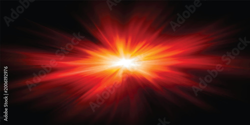 A bright abstract red background features a glowing star with rays of orange fire and light energy in a motion blur illustration that creates a hot flame explosion design
