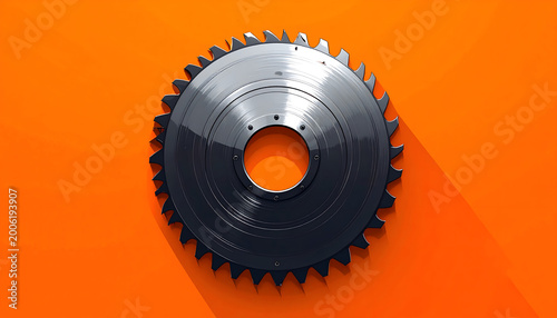 Circular saw blade in silver and black on a vibrant orange background symbolizing the aggressive speed of thrash metal music generative AI