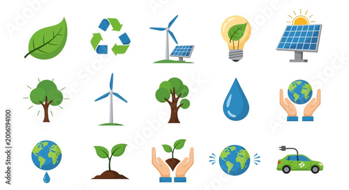 Fotografie Collection of environmental and eco-friendly icons representing sustainability and green energy