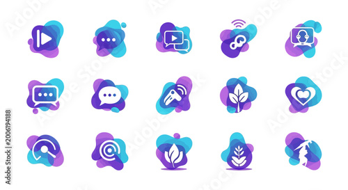Canvas-taulu Collection of modern abstract icons on blue and purple liquid gradient shapes