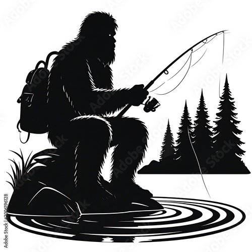 A silhouette of a hairy creature fishing by a body of water
