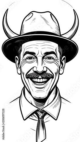 A smiling man with a hat and mustache