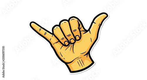 A vibrant cartoon style illustration depicts a yellow hand making the hang loose or shaka sign