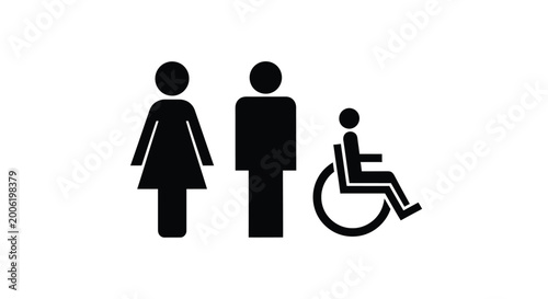 Simple black silhouettes depict a man woman and a person in a wheelchair representing accessibility