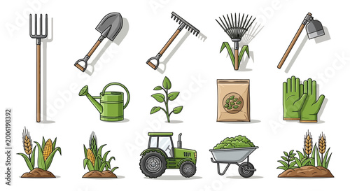 Collection of farming and gardening tools and elements