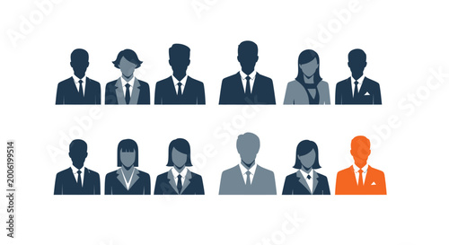 A collection of stylized human silhouettes depicting business professionals in a corporate setting high quality