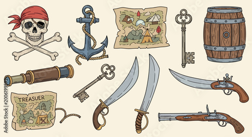 Bilde på lerret Collection of hand drawn pirate themed objects and treasure hunting elements