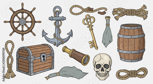 Photos Collection of Hand-Drawn Pirate and Nautical Themed Objects.