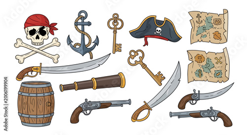 Bild auf Leinwand Collection of pirate themed items including skull, anchor, swords, pistols, and treasure maps