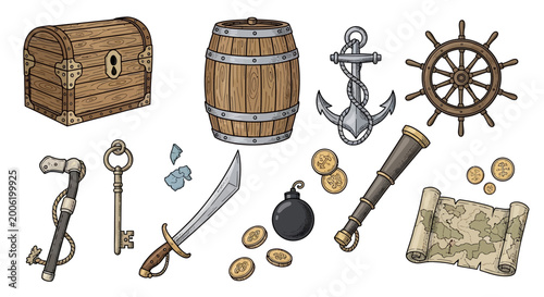 Obraz na płótnie Collection of pirate themed items including a treasure chest, barrel, anchor, ship wheel, spyglass, sword, bomb, keys, and gold coins