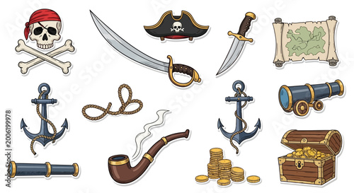 Schilderij op canvas Collection of Pirate Themed Objects and Nautical Elements.