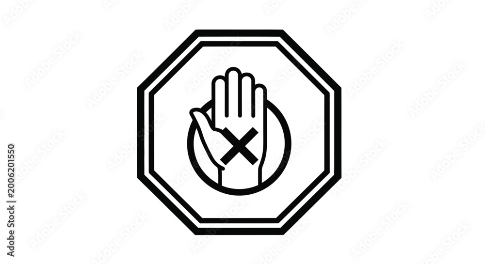 Fototapeta premium A black and white octagonal sign depicts a hand with a large x indicating a stop or prohibition